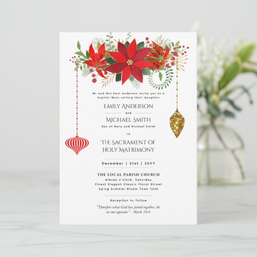 Kerst Poinsettia Katholieke Huwelijksplechtigheid  Kaart (Staand voorkant)
