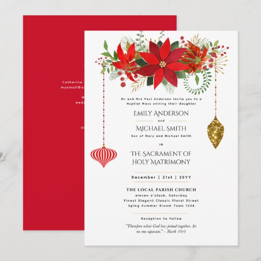 Kerst Poinsettia Katholieke Huwelijksplechtigheid  Kaart (Voorkant / Achterkant)