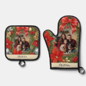 Kerst Poinsettia krans Elegante aangepaste foto Ovenwant & Pannenlap Set (Voorkant)