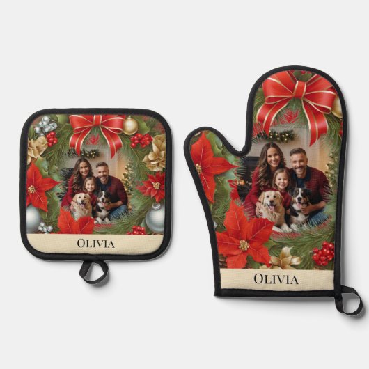 Kerst Poinsettia krans Elegante aangepaste foto Ovenwant & Pannenlap Set (Voorkant)