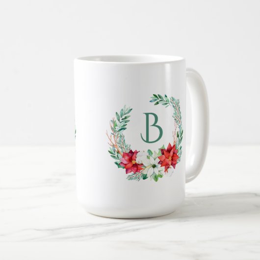 Kerst Poinsettia krans met monogram Koffiemok (Voorkant rechts)