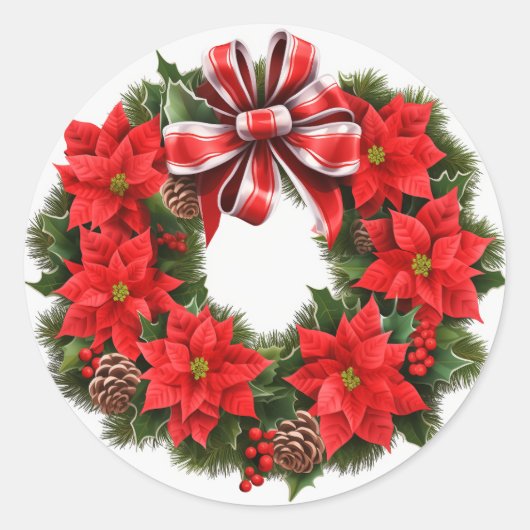 Kerst Poinsettia krans Wenskaart Ronde Sticker (Voorkant)