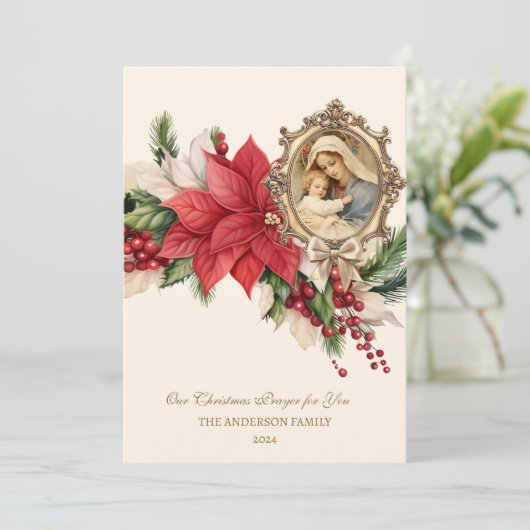 Kerst Poinsettia Moeder Maria Jezus Religieus Feestdagenkaart (Staand voorkant)