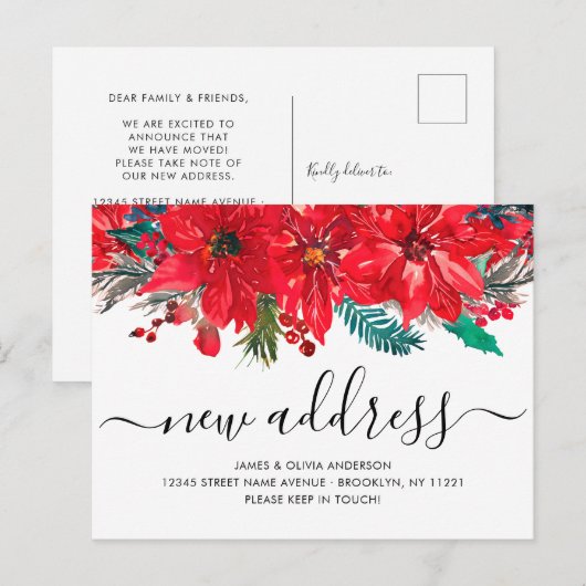 Kerst Poinsettia Nieuw Adres Vakantie Verhuizen Aankondigingskaart (Voorkant / Achterkant)