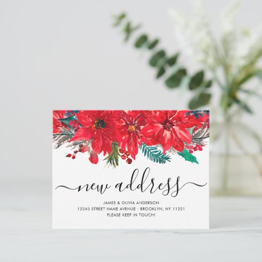 Kerst Poinsettia Nieuw Adres Vakantie Verhuizen Aankondigingskaart (Staand voorkant)