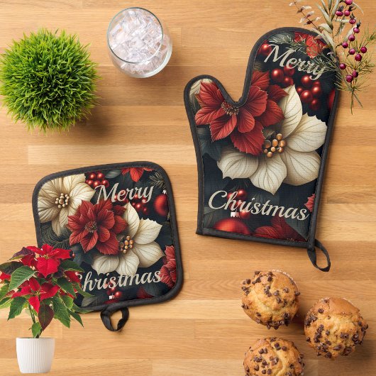 Kerst Poinsettia Oven Mitt & Pot Houder Set