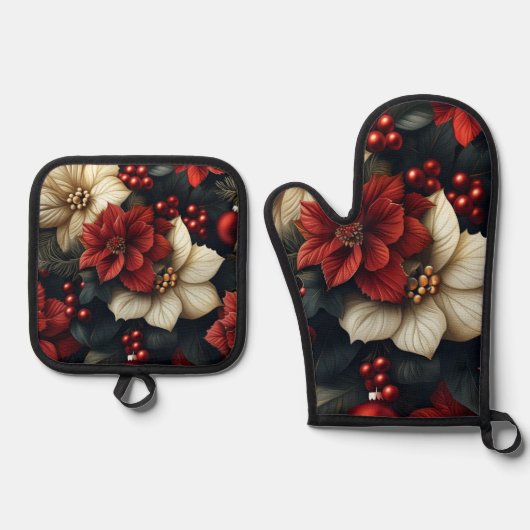 Kerst Poinsettia Oven Mitt & Pot Houder Set (Voorkant)
