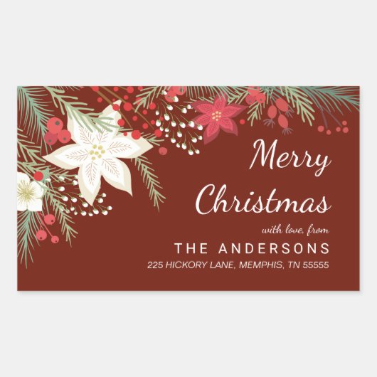 Kerst Poinsettia & Pine Foliage retouradres Rechthoekige Sticker (Voorkant)