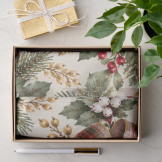 Kerst Poinsettia & Plaid Patroon Tissuepapier