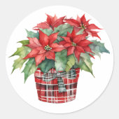 Kerst Poinsettia Plant Waterverf vakantie Ronde Sticker (Voorkant)