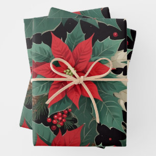 Kerst Poinsettia, rode bessen, spar takken Inpakpapier Vel