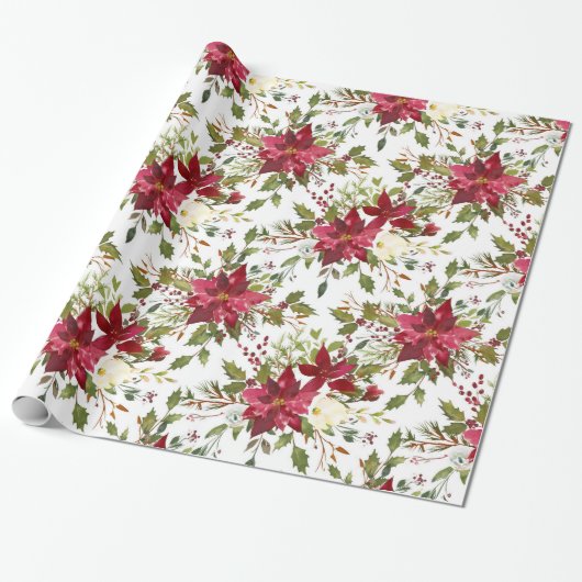 Kerst Poinsettia Rood Elegant Vakantie Bloemen Cadeaupapier (Uitgerold)