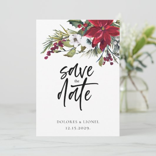 Kerst Poinsettia Script Trouwen Bewaar de datum Save The Date (Staand voorkant)