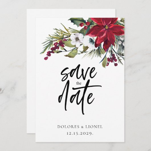 Kerst Poinsettia Script Trouwen Bewaar de datum Save The Date (Voorkant / Achterkant)