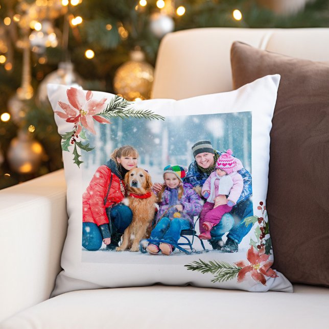 Kerst Poinsettia Waterverf Botanische Foto Kussen (Creator heeft geüpload)