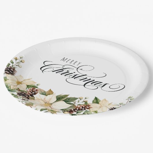 Kerst Poinsettia witte ronde Papieren Bordje (Gekanteld)