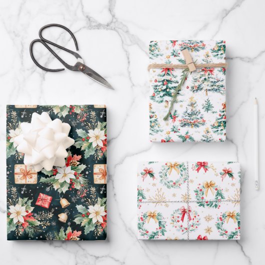 Kerst Poinsettia's, bomen en kransen Inpakpapier Vel (Voorkant)