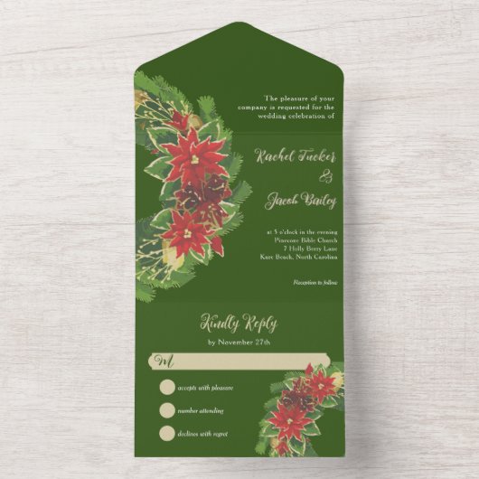 Kerst Poinsettias Bruiloft Groen & Rood All In One Uitnodiging (Binnen)