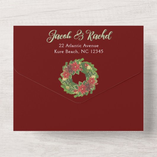 Kerst Poinsettias Bruiloft Groen & Rood All In One Uitnodiging (Achterkant)