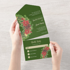 Kerst Poinsettias Bruiloft Groen & Rood All In One Uitnodiging