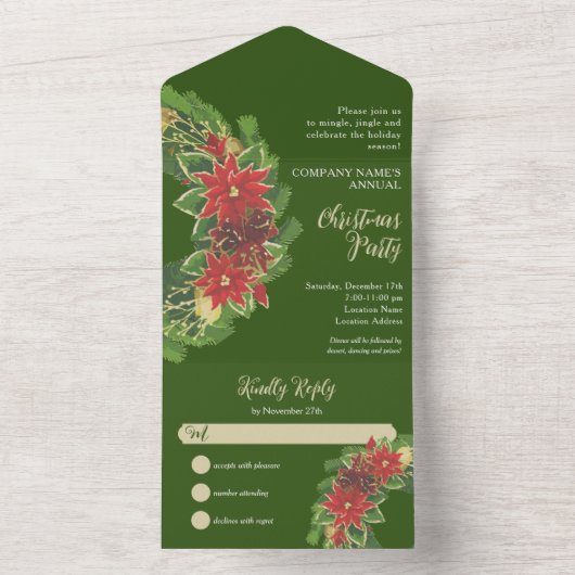 Kerst Poinsettias Company Party Groen All In One Uitnodiging (Binnen)