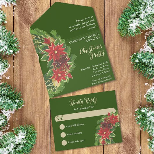 Kerst Poinsettias Company Party Groen All In One Uitnodiging