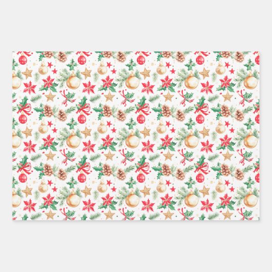 Kerst Poinsettia's en Ornamenten Inpakpapier Vel (Voorkant 3)