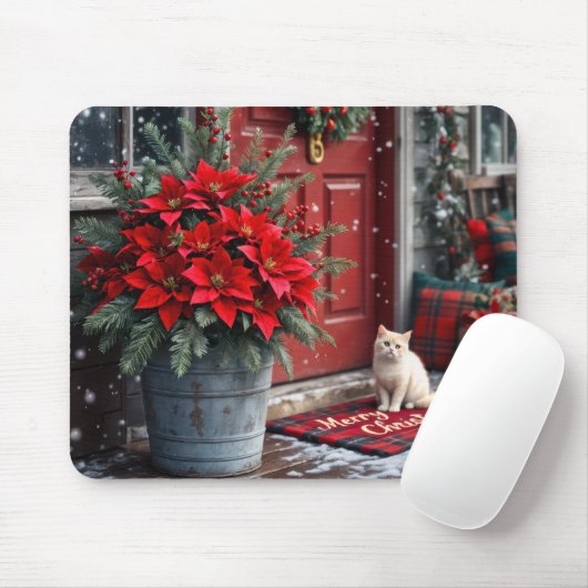 Kerst Poinsettia's en Witte Kat Muismat (Met muis)