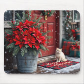 Kerst Poinsettia's en Witte Kat Muismat (Voorkant)