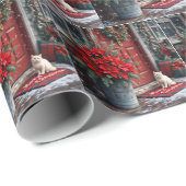 Kerst Poinsettia's en Witte Kat Op Deurmat Cadeaupapier (Rol Hoek)