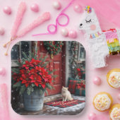Kerst Poinsettia's en Witte Kat Op Deurmat Papieren Bordje (Feest)