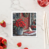 Kerst Poinsettia's en Witte Kat Op Deurmat Servet (Insitu)