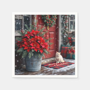 Kerst Poinsettia's en Witte Kat Op Deurmat Servet