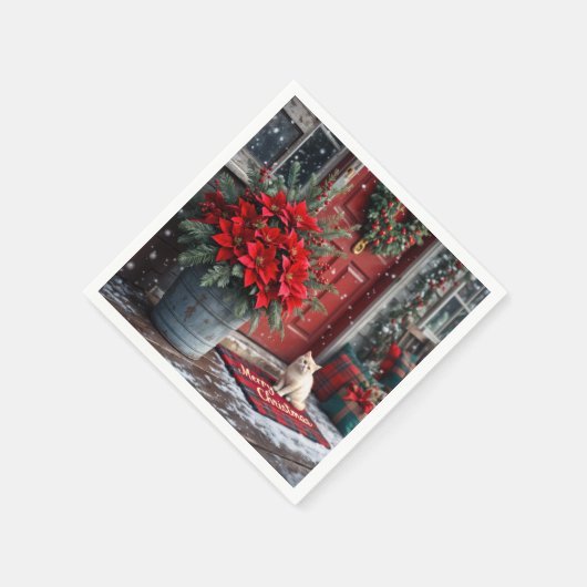 Kerst Poinsettia's en Witte Kat Op Deurmat Servet (Hoek)