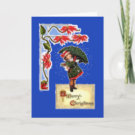 Kerst, Poinsettias, Meisje met paraplu, Sneeuw Feestdagen Kaart