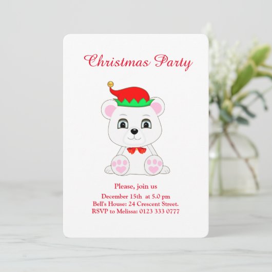 Kerst Polar Beer Elf op White Party Invitation Kaart (Staand voorkant)