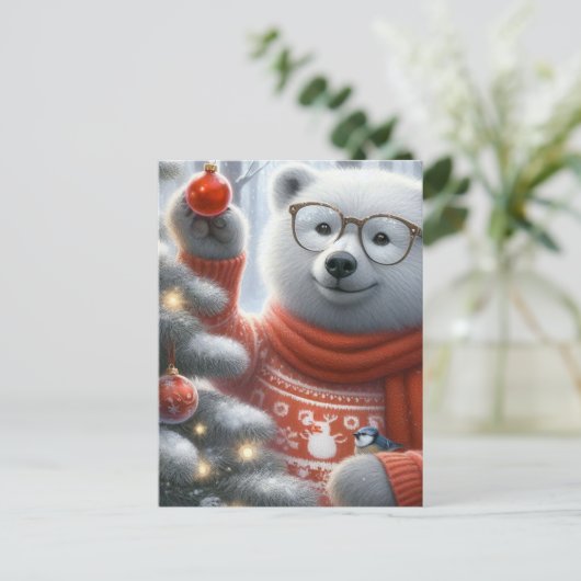 Kerst Polar Beer en vogeltje Briefkaart (Staand voorkant)