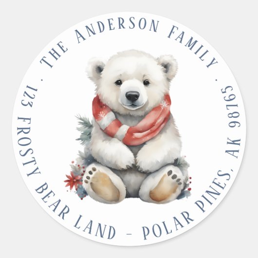 Kerst Polar Beer met rode sjaal retouradres Ronde Sticker (Voorkant)