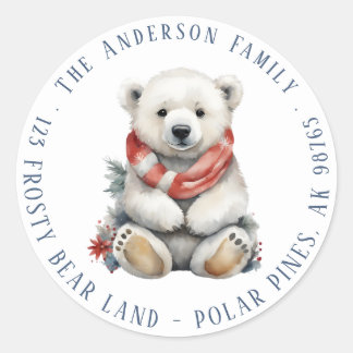 Kerst Polar Beer met rode sjaal retouradres Ronde Sticker