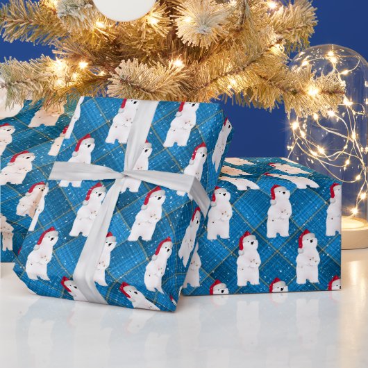 Kerst Polar Beer op Blue Plaid Cadeaupapier (Feestdagen)
