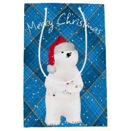 Kerst Polar Beer op Blue Plaid Medium Cadeauzakje