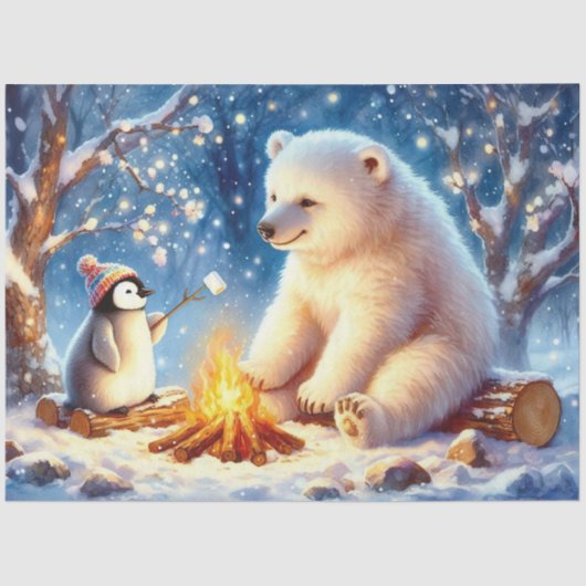 Kerst Polar Beer & Penguin Kampvuur Decoupage Tissuepapier (Voorkant)