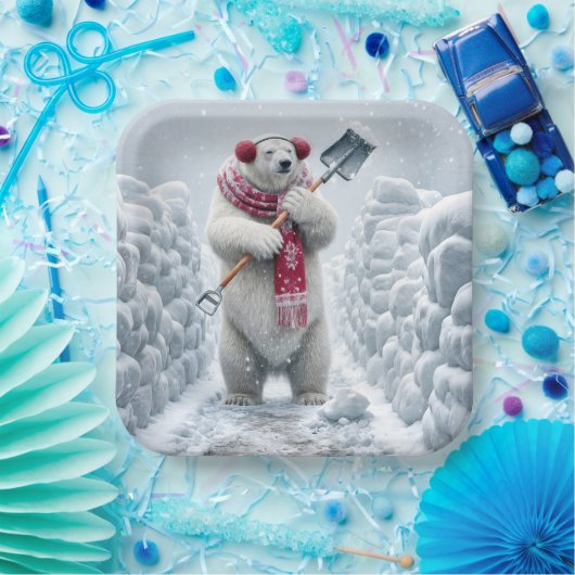 Kerst Polar Beer Shoveling Snow Papieren Bordje (Feest)