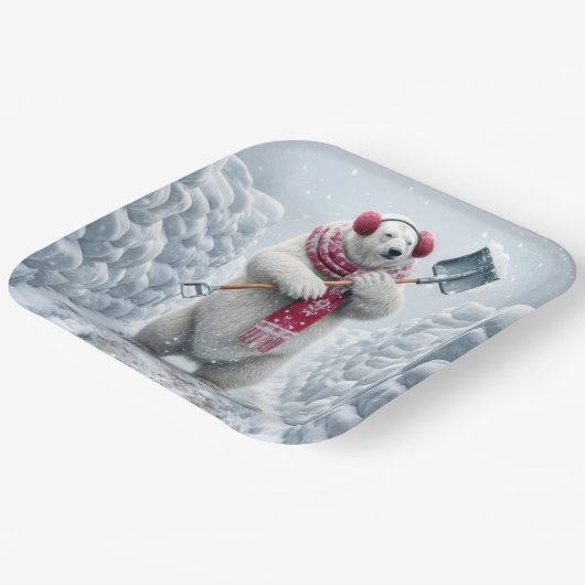 Kerst Polar Beer Shoveling Snow Papieren Bordje (Gebogen)