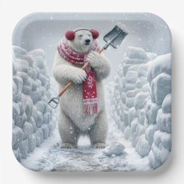 Kerst Polar Beer Shoveling Snow Papieren Bordje