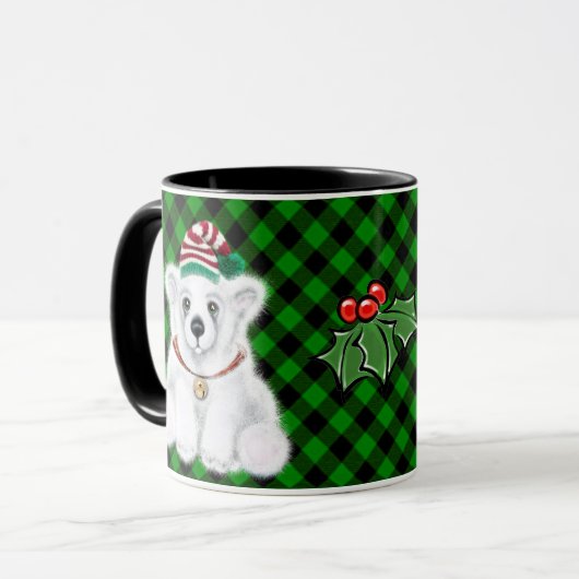 Kerst polar beer welp classic groen plaid mok (Voorkant links)