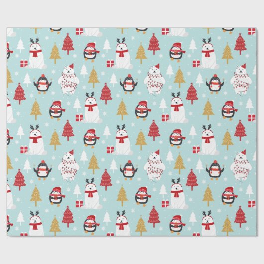Kerst Polar Beren en Pinguïns Cadeaupapier (Vlak)