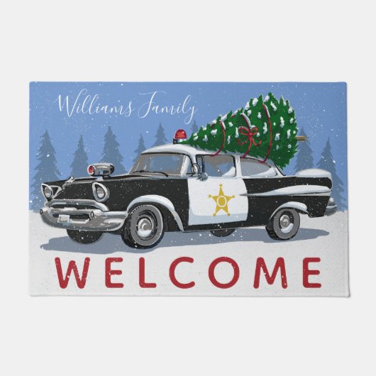 Kerst Politie Auto Monogram Naam Welkom Deurmat (Voorkant)