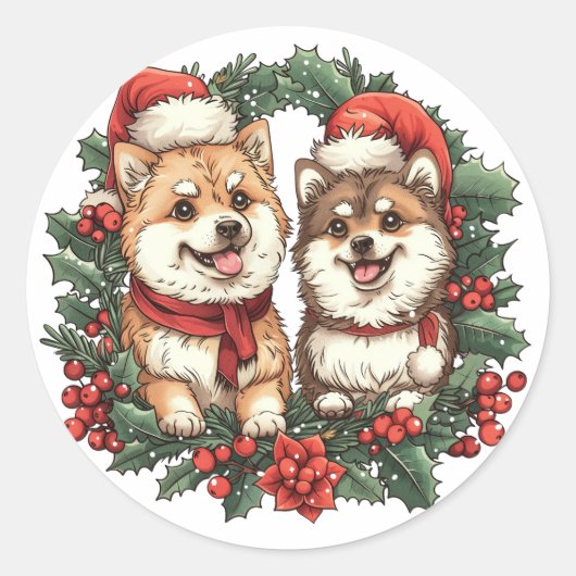 Kerst Pommerse Honden Mistletoe Krans Ronde Sticker (Voorkant)
