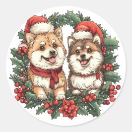 Kerst Pommerse Honden Mistletoe Krans Ronde Sticker